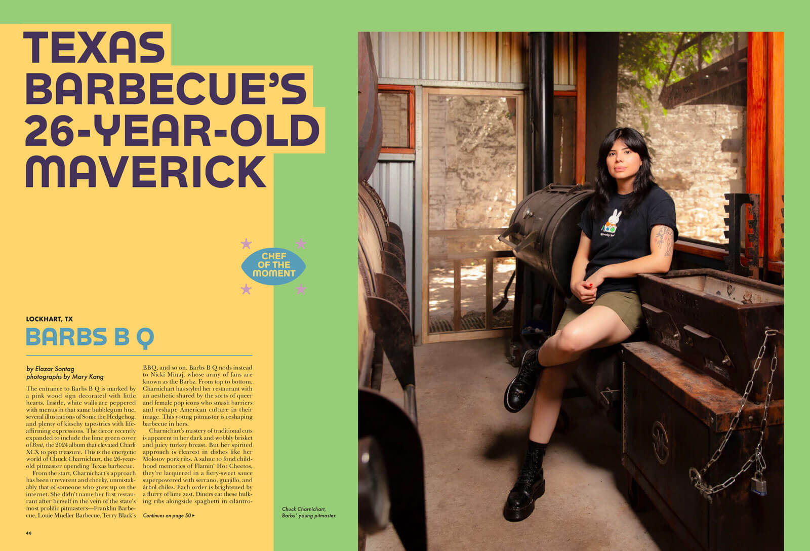 A spread from Bon Appétit's 2024 Best New Restaurants issue reading Texas Barbecue's 26-year-old Maverick