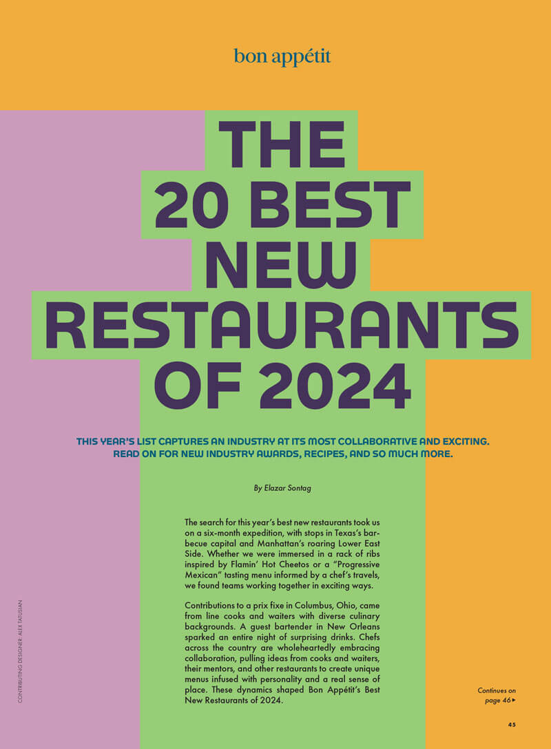A bright title page from Bon Appétit's 2024 Best New Restaurants issue